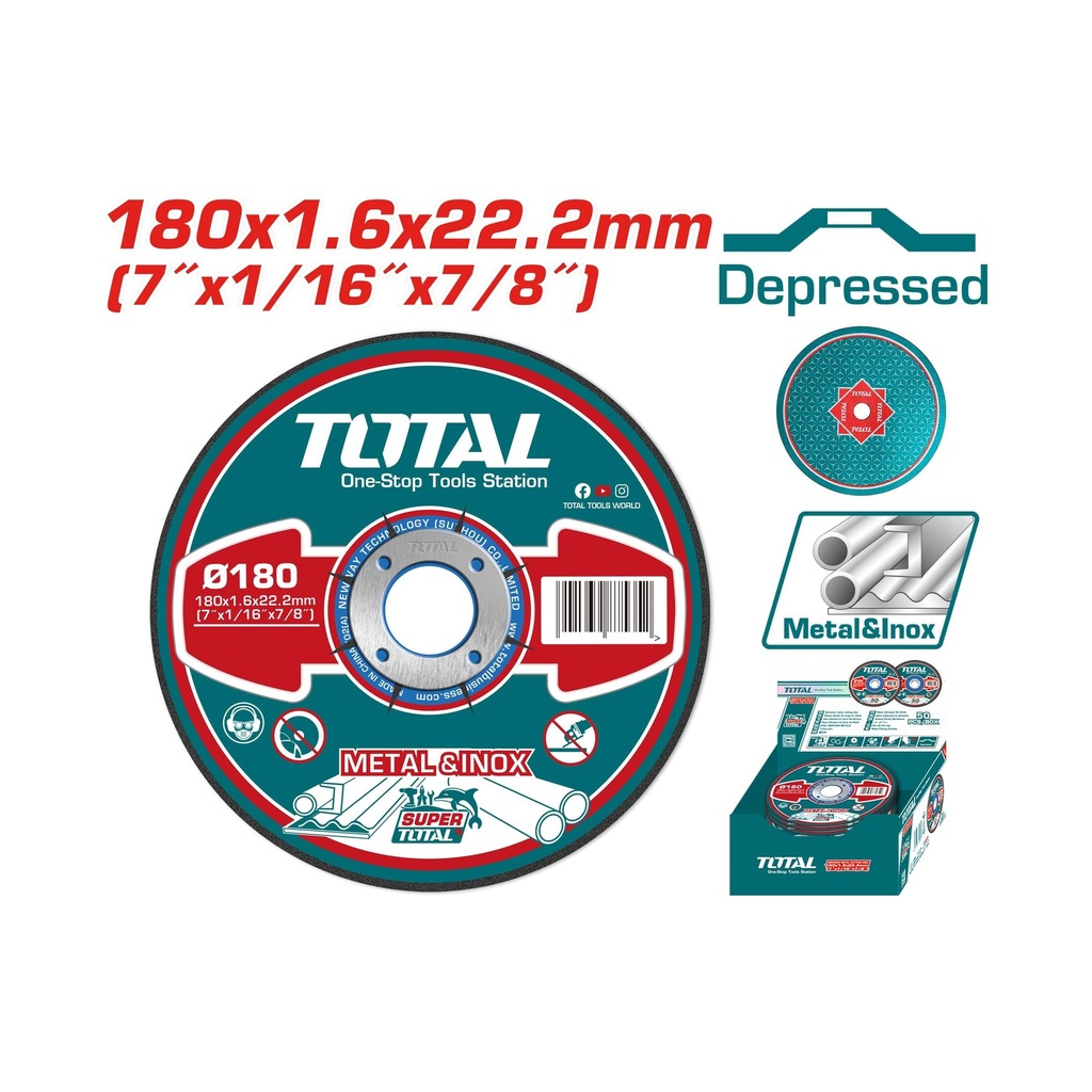 DISCO P/CORTE METAL Y ACERO INOXIDABLE 180MM 7" TOTAL