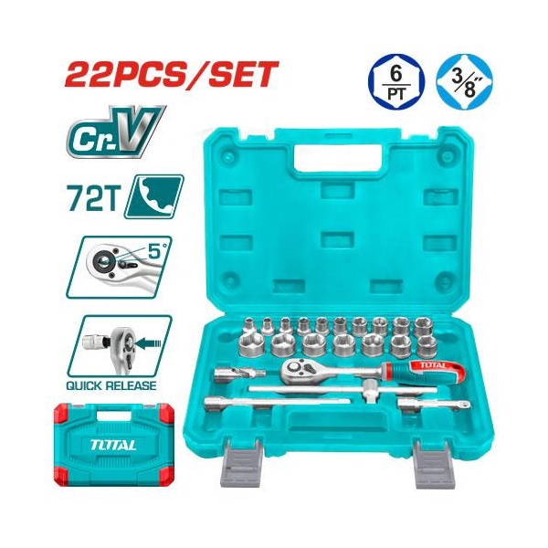 JUEGO RACHET CON COPAS 3/8" X 22 PZS INDUSTRIAL TOTAL