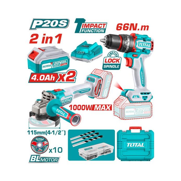 SET DE TALADRO INALÁMBRICO 20V + AMOLADORA ANGULAR Y ACC