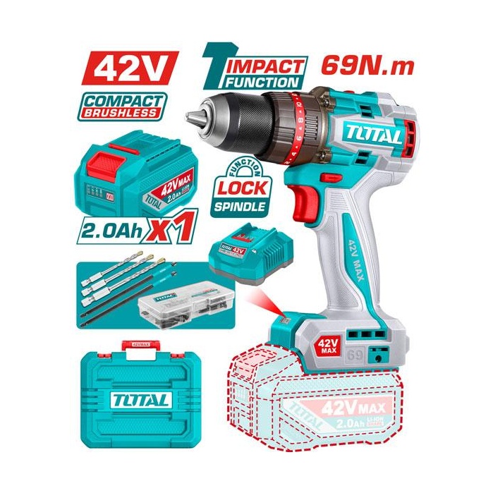TALADRO DE IMPACTO 42V 69NM + 1 BAT 2.0 Ah TOTAL