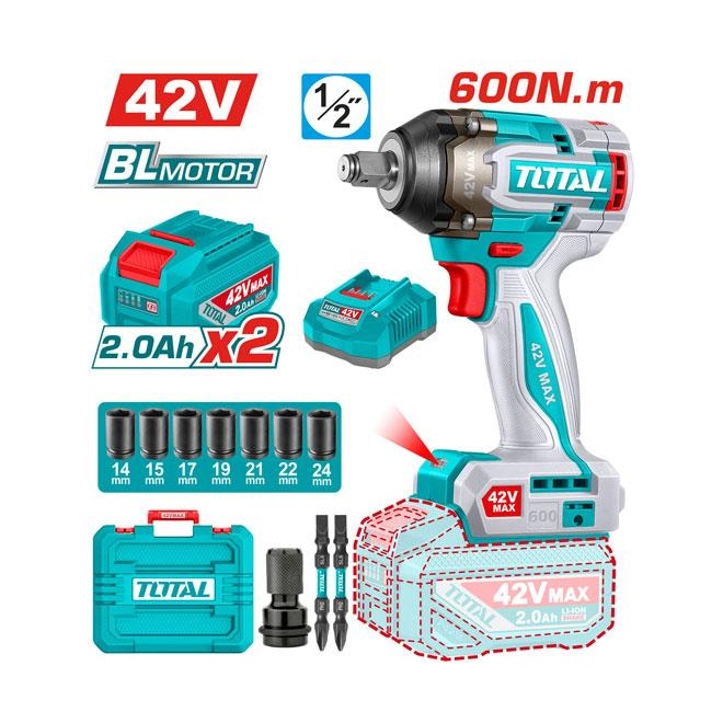 PISTOLA LLAVE DE IMPACTO 42V 600NM +2 BAT 2.0Ah TOTAL
