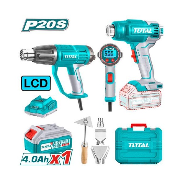 PISTOLA DE CALOR 1600W 20V, 3 BOQUILLAS Y UN RASPADOR DE METAL Y BATERÍA 4.0AH