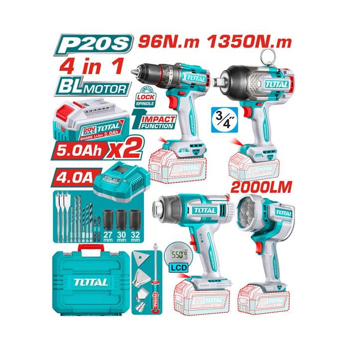 COMBO 20 V TALADRO/LÁMPARA/PISTOLA CALOR, LLAVE DE IMPACTO