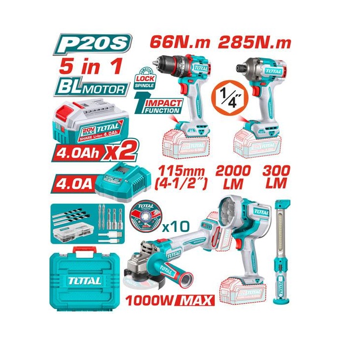 COMBO 20V TALADRO/PISTOLA/PULIDORA/LAMPARAS