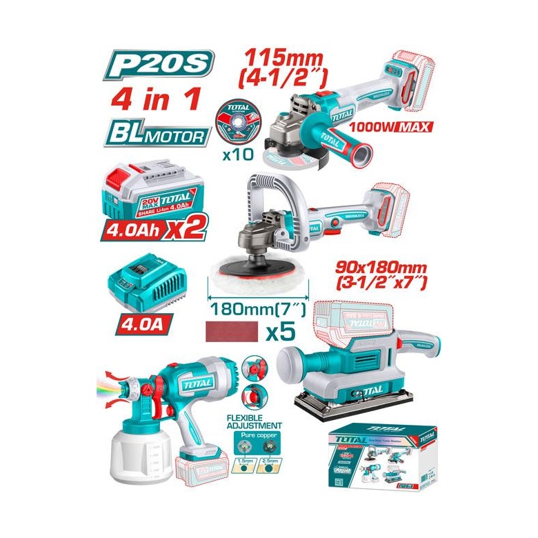 COMBO DE HERRAMIENTAS INALAMBRICAS 4 PZAS (ESMERIL/PULIDORA/LIJADORA/PISTOLA)