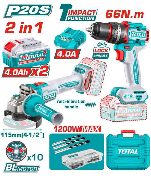 COMBO ESMERIL ANGULAR 20V/ TALADRO PERCUTOR 20V  TOTAL