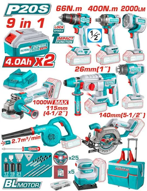 SUPER COMBO 9 EN 1 HERRAMIENTAS 20V+2 BATERIAS 4AH  TOTAL