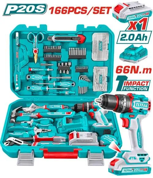 TALADRO INALÁMBRICO DE 20V CON SET DE 166 PIEZAS  TOTAL