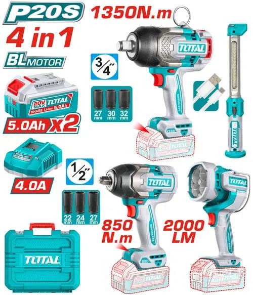 [UTOSLI250782] COMBO  INALÁMBRICO 4 EN 1 LLAVES DE IMPACTO 3/4″ TORQUE LAMP TOTAL