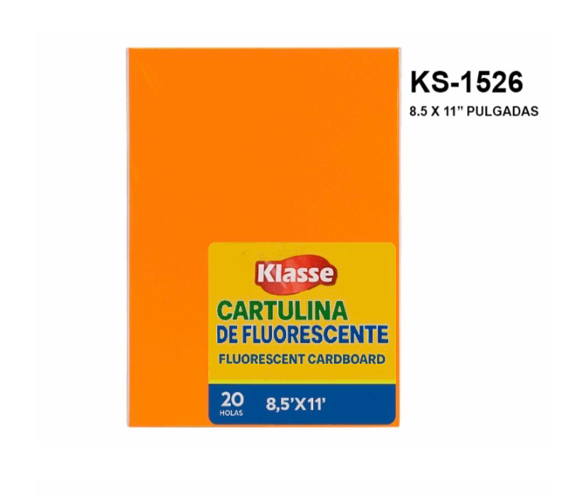 CARTULINA FLORECENTE X 20 PCS 8.5X11 X 4 COLORES  KLASSE